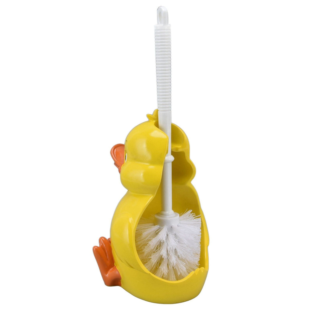 Toilet Brush Little Yellow Duck with a glossy yellow duck-shaped base, orange accents, white handle and cleaning bristles