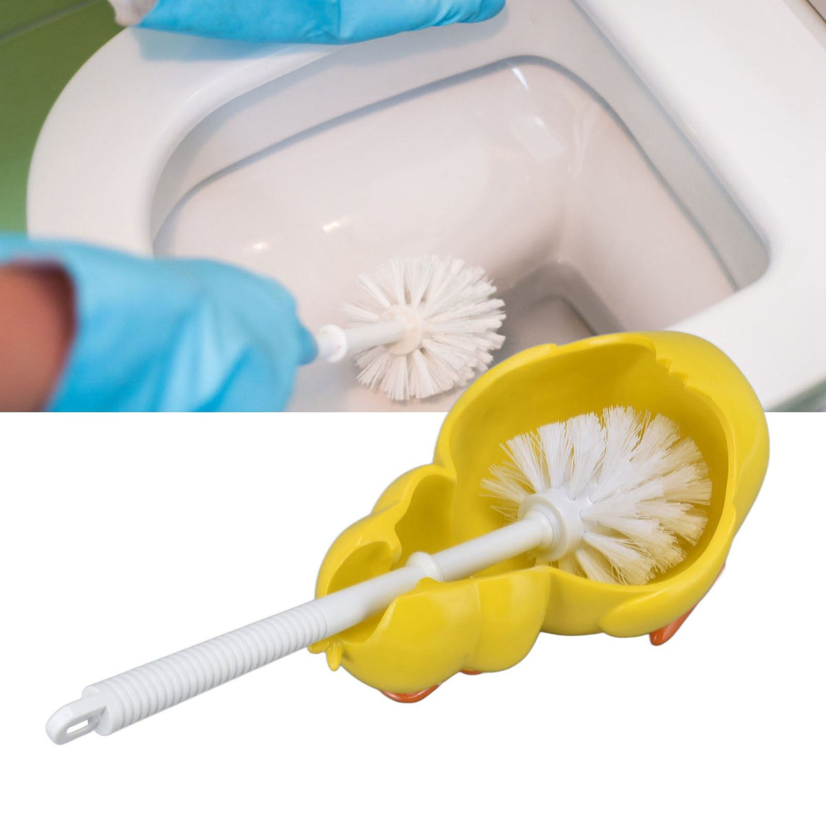 Toilet Brush Little Yellow Duck with a bright yellow duck-shaped holder, white plastic handle and dense white bristles