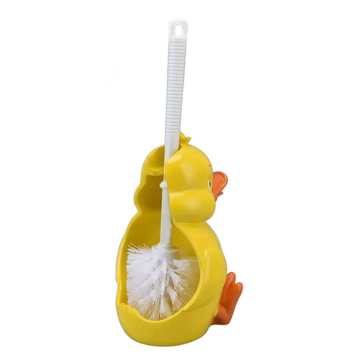 Toilet Brush Little Yellow Duck with a bright yellow duck-shaped holder, orange beak and feet, white handle and bristles