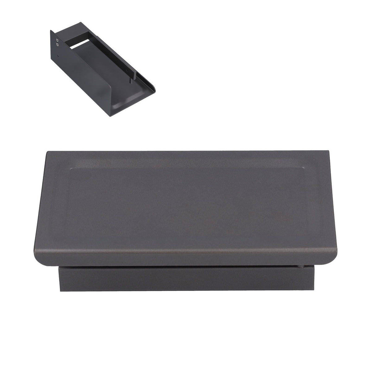 Toilet Paper Holder in dark charcoal grey aluminium alloy, with a wide flat phone shelf and concealed roll bar