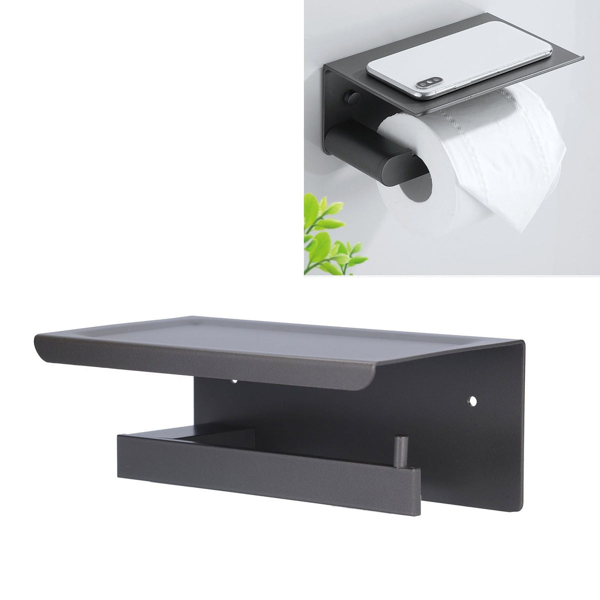 Toilet Paper Holder in dark grey aluminium with a wide phone shelf and a raised front edge to keep items secure