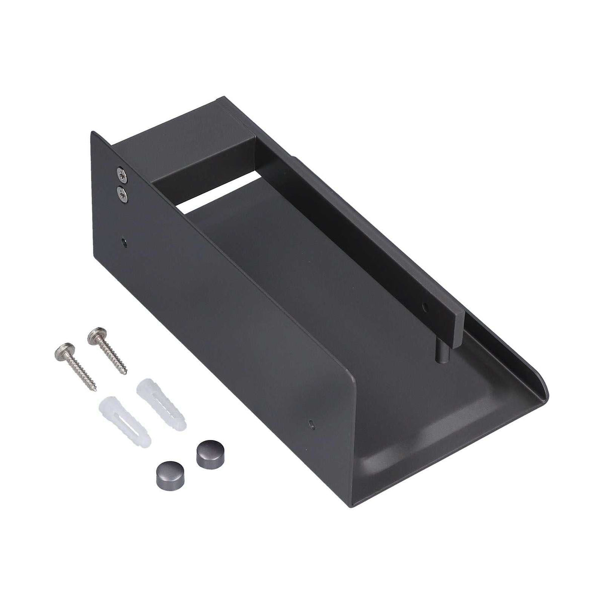Toilet Paper Holder in dark grey aluminium alloy, with a wide integrated phone shelf and included wall-mounting hardware
