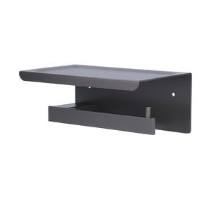 Toilet Paper Holder in dark grey aluminium alloy with a wide flat phone shelf and open paper roll bar