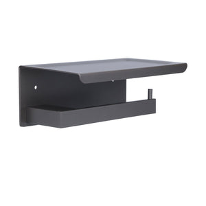 Toilet Paper Holder in dark grey aluminium alloy with a wide flat phone shelf and lower toilet roll bar
