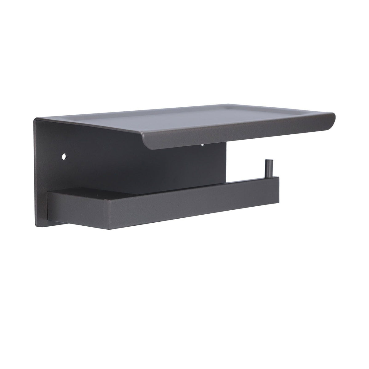 Toilet Paper Holder in dark grey aluminium alloy with a wide flat phone shelf and lower toilet roll bar
