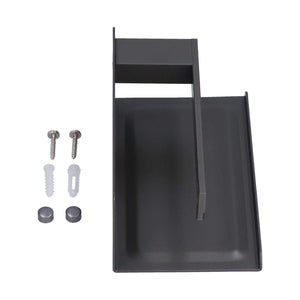 Toilet Paper Holder in dark grey metal with a wide rectangular phone shelf and raised side edges, plus mounting screws