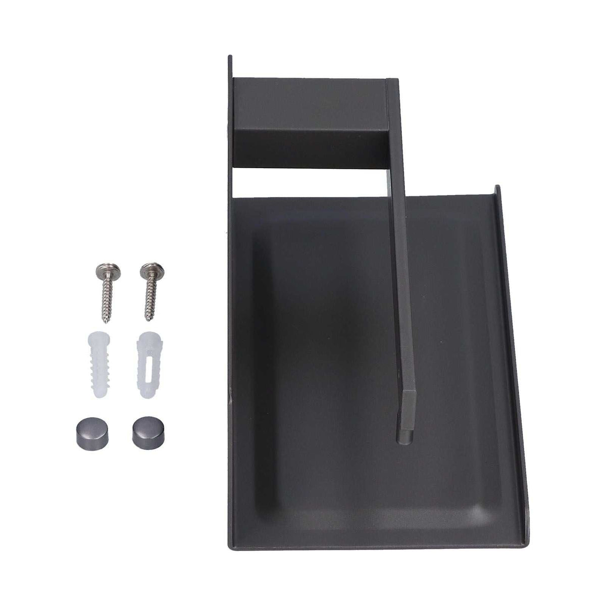 Toilet Paper Holder in dark grey metal with a wide rectangular phone shelf and raised side edges, plus mounting screws