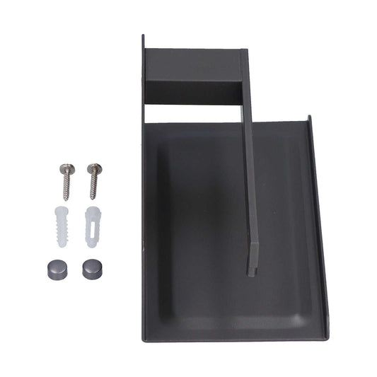 Toilet Paper Holder in dark grey metal with a wide rectangular phone shelf and raised side edges, plus mounting screws
