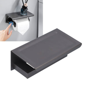 Toilet Paper Holder in dark grey metal with a wide flat phone shelf and a concealed roll holder underneath