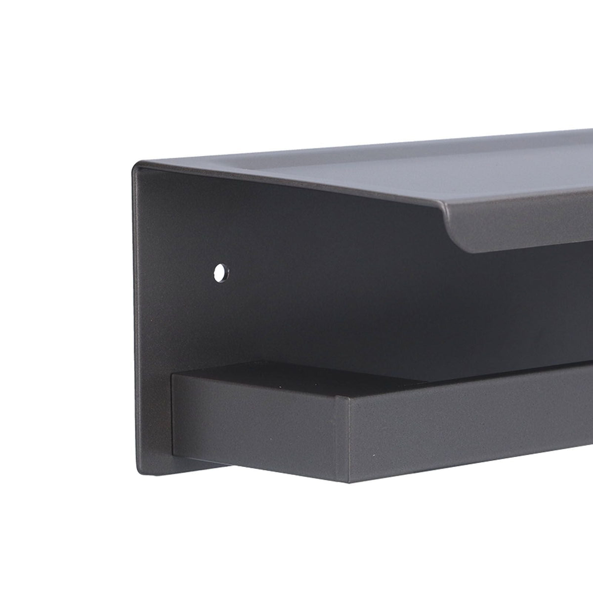Toilet Paper Holder in dark grey metal with a wide flat phone shelf and a raised front edge
