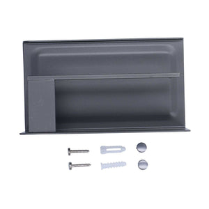 Toilet Paper Holder in dark grey metal with a wide integrated shelf and raised front lip, plus mounting hardware