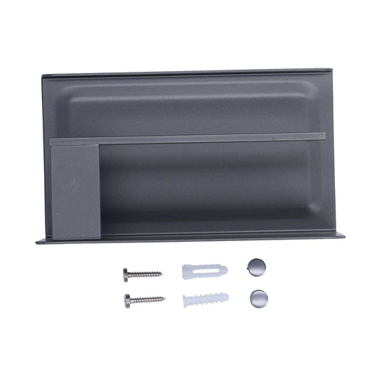 Toilet Paper Holder in dark grey metal with a wide integrated shelf and raised front lip, plus mounting hardware