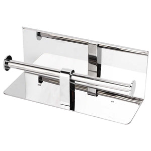 Toilet paper holder in polished silver stainless steel, with a broad storage shelf and dual-ended roll bars.