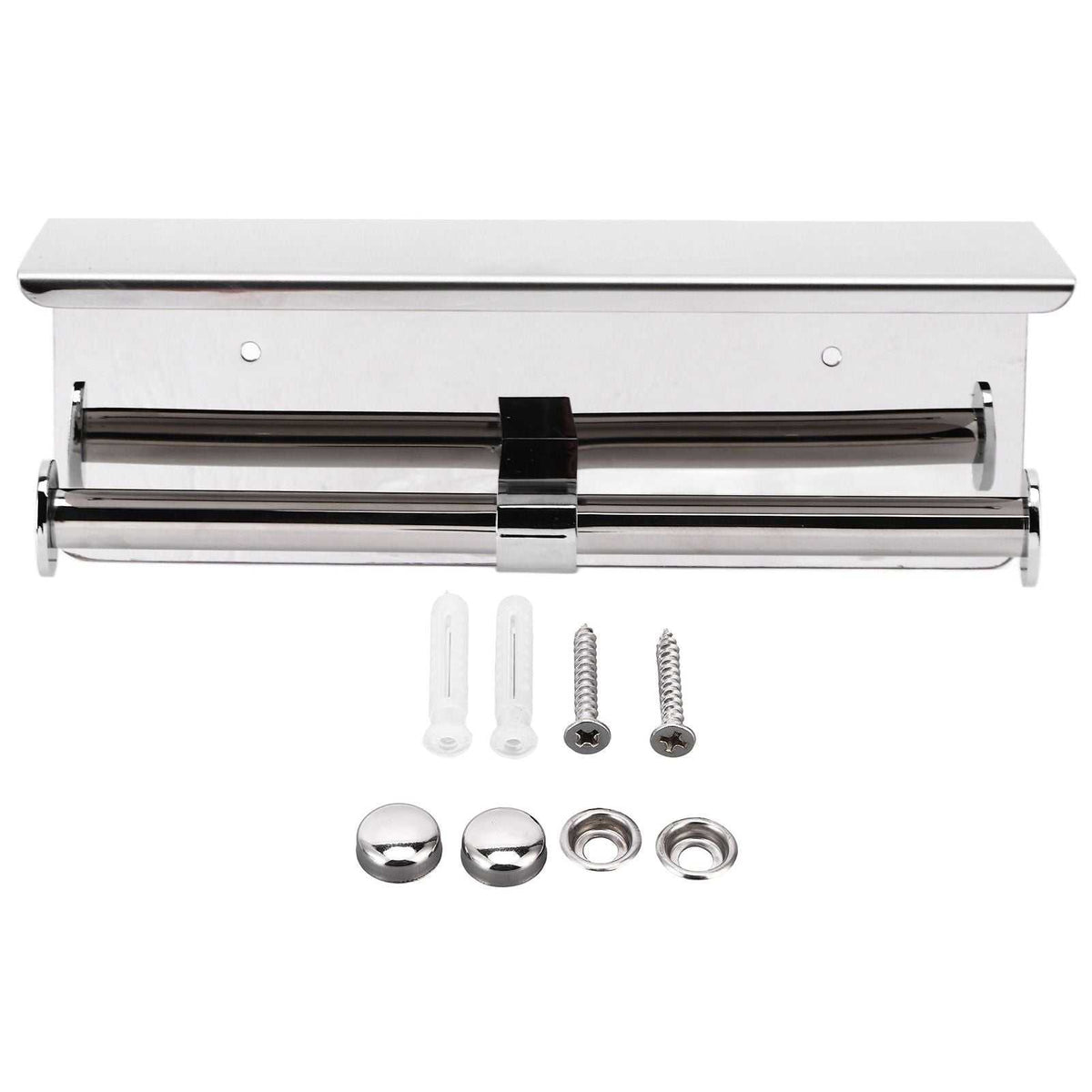 Toilet Paper Holder Dual End in polished stainless steel, with a wide storage shelf and twin toilet roll bars
