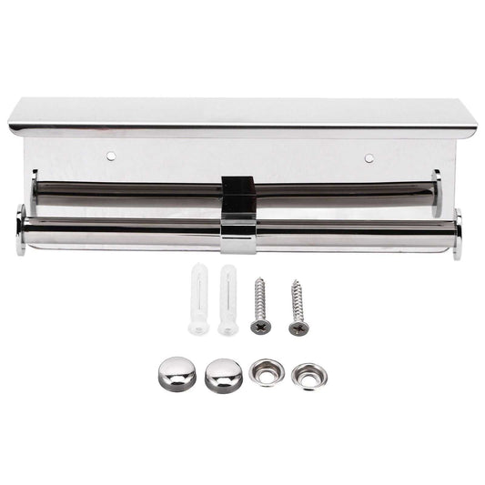 Toilet Paper Holder Dual End in polished stainless steel, with a wide storage shelf and twin toilet roll bars