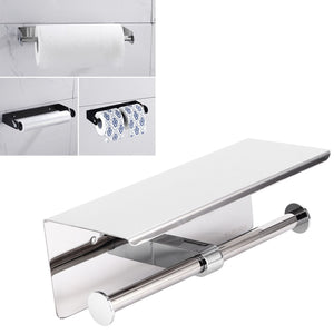 Toilet Paper Holder Dual End, polished stainless steel bar with a broad rectangular storage shelf and rounded end caps
