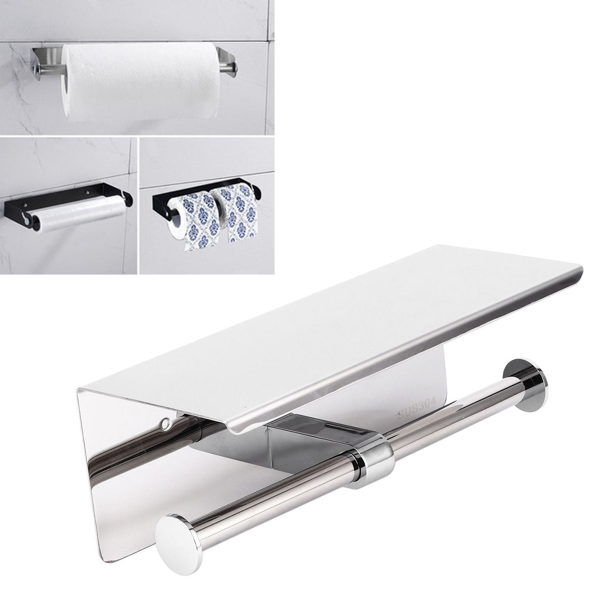 Toilet Paper Holder Dual End, polished stainless steel bar with a broad rectangular storage shelf and rounded end caps