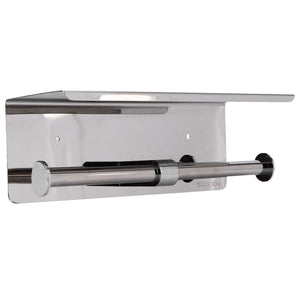 Toilet Paper Holder Dual End, polished silver stainless steel wall-mounted holder with a wide shelf and dual roll bar