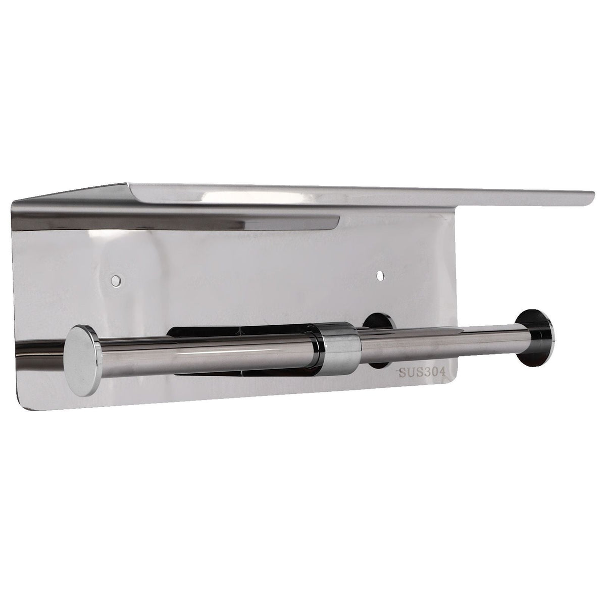 Toilet Paper Holder Dual End, polished silver stainless steel wall-mounted holder with a wide shelf and dual roll bar