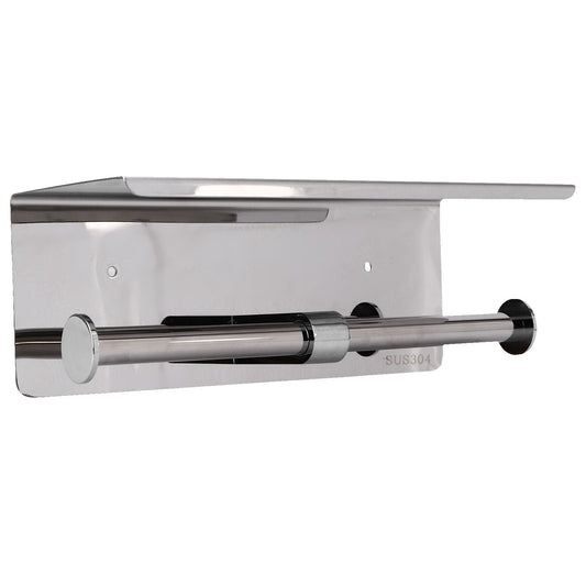 Toilet Paper Holder Dual End, polished silver stainless steel wall-mounted holder with a wide shelf and dual roll bar