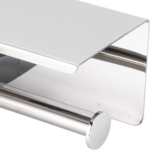 Toilet Paper Holder Dual End in polished silver stainless steel, with a flat storage shelf and cylindrical roll bar