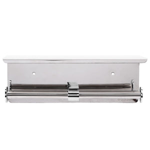 Toilet Paper Holder Dual End in polished silver stainless steel, with a slim shelf and two parallel roll holders
