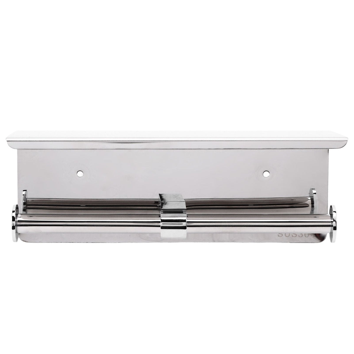 Toilet Paper Holder Dual End in polished silver stainless steel, with a slim shelf and two parallel roll holders