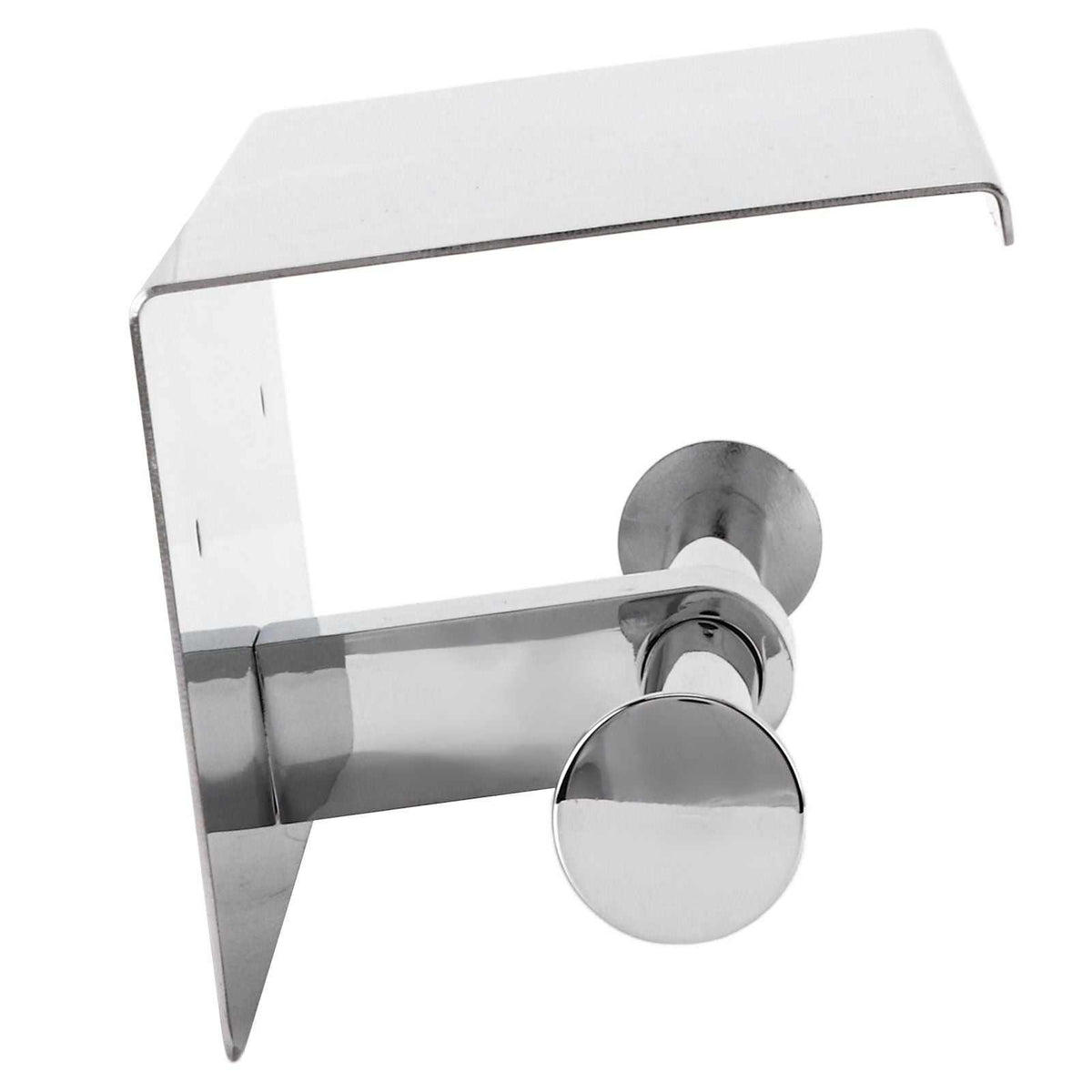 Toilet Paper Holder Dual End in polished silver stainless steel, with a flat storage shelf and round holder end