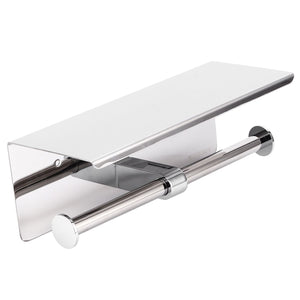 Toilet Paper Holder Dual End in polished silver stainless steel with a wide shelf and dual-ended toilet roll bar