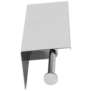 Toilet Paper Holder Dual End in reflective silver stainless steel, with a broad flat storage shelf and cylindrical holder bar.