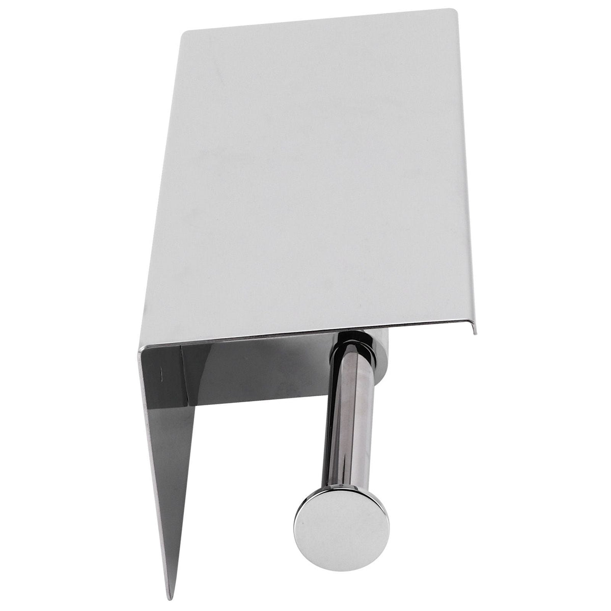 Toilet Paper Holder Dual End in reflective silver stainless steel, with a broad flat storage shelf and cylindrical holder bar.