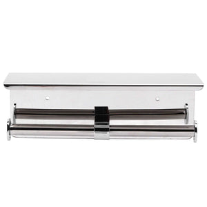 Toilet Paper Holder Dual End in polished silver stainless steel, with a slim storage shelf and two horizontal roll bars