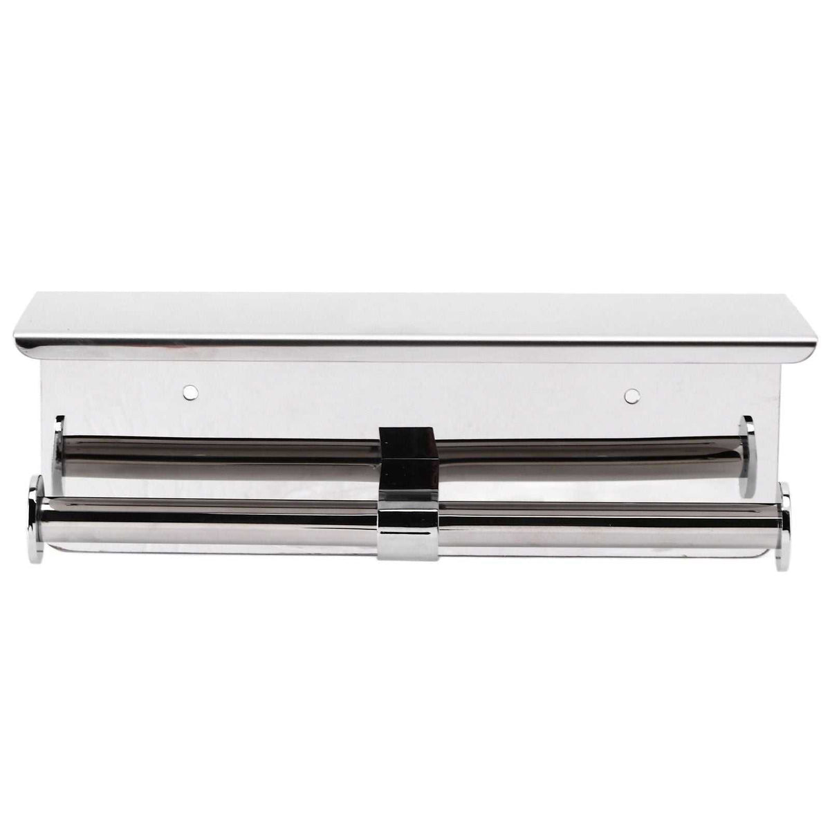 Toilet Paper Holder Dual End in polished silver stainless steel, with a slim storage shelf and two horizontal roll bars