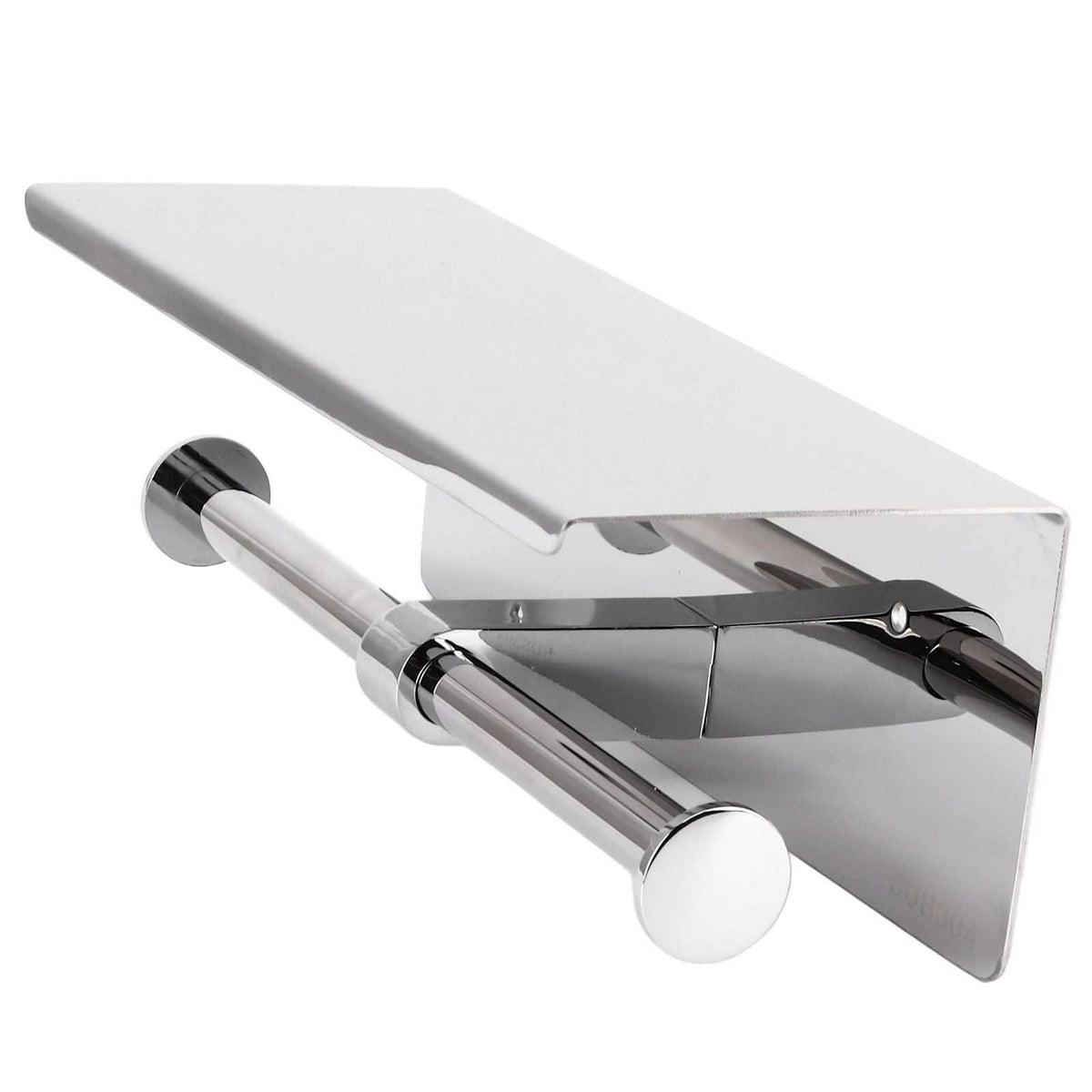 Toilet Paper Holder Dual End in polished silver stainless steel, featuring a broad storage shelf and two roll holders.
