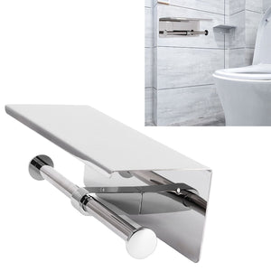 Toilet Paper Holder Dual End with a polished stainless steel bar, reflective wall plate and broad storage shelf