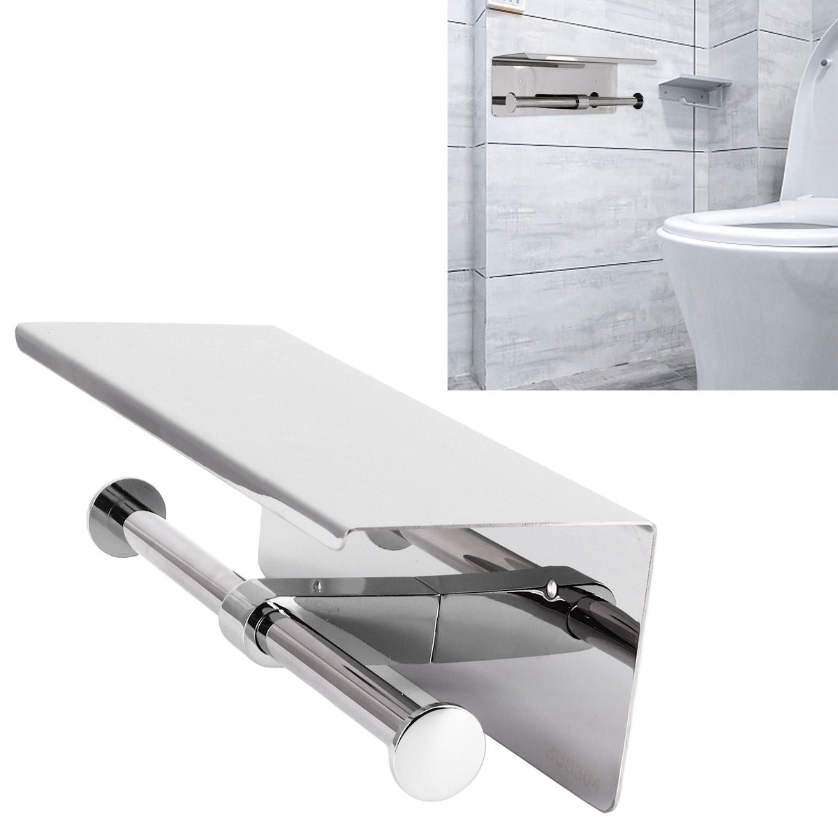 Toilet Paper Holder Dual End with a polished stainless steel bar, reflective wall plate and broad storage shelf