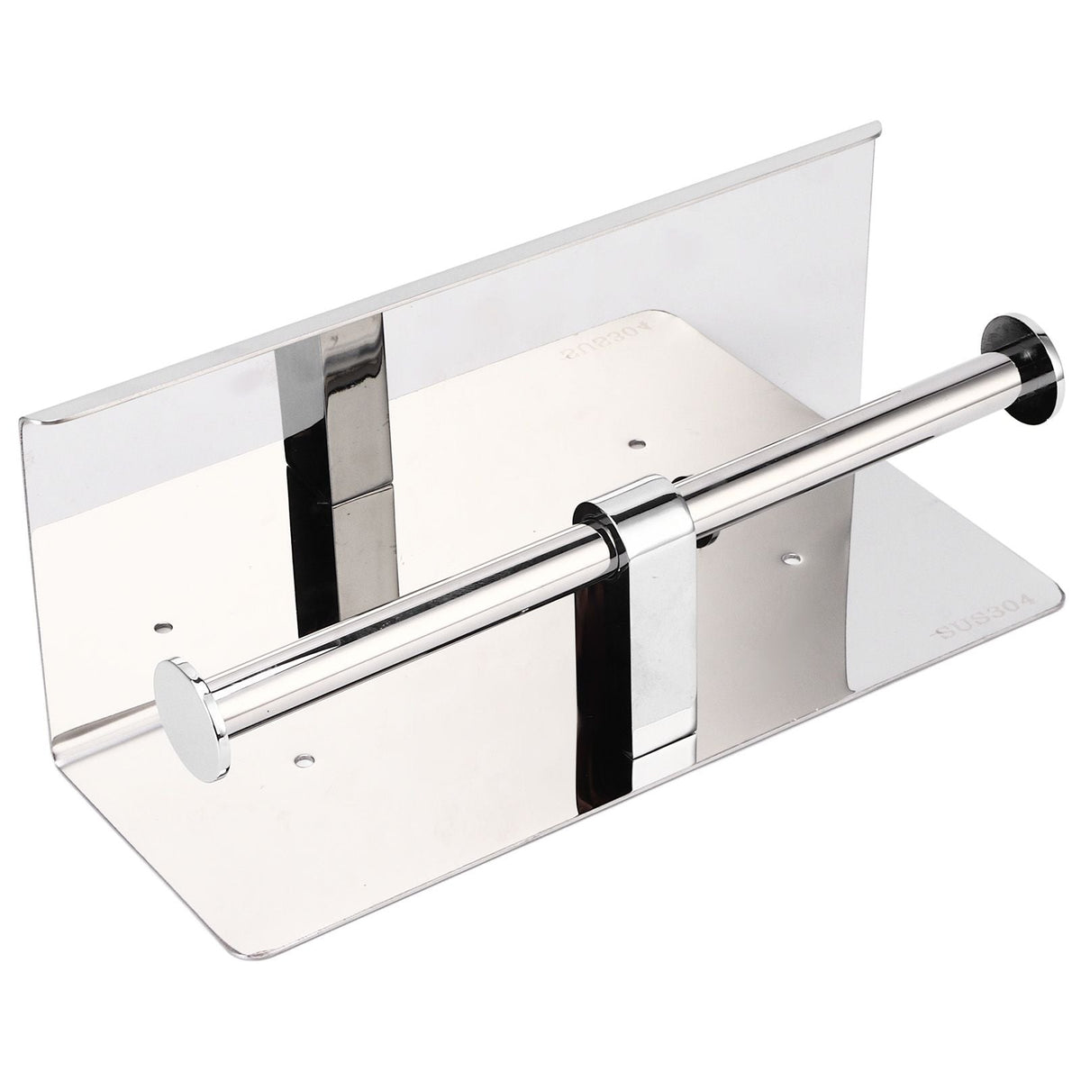 Toilet Paper Holder Dual End in polished stainless steel, with a wide storage shelf and central support on a dual-ended bar