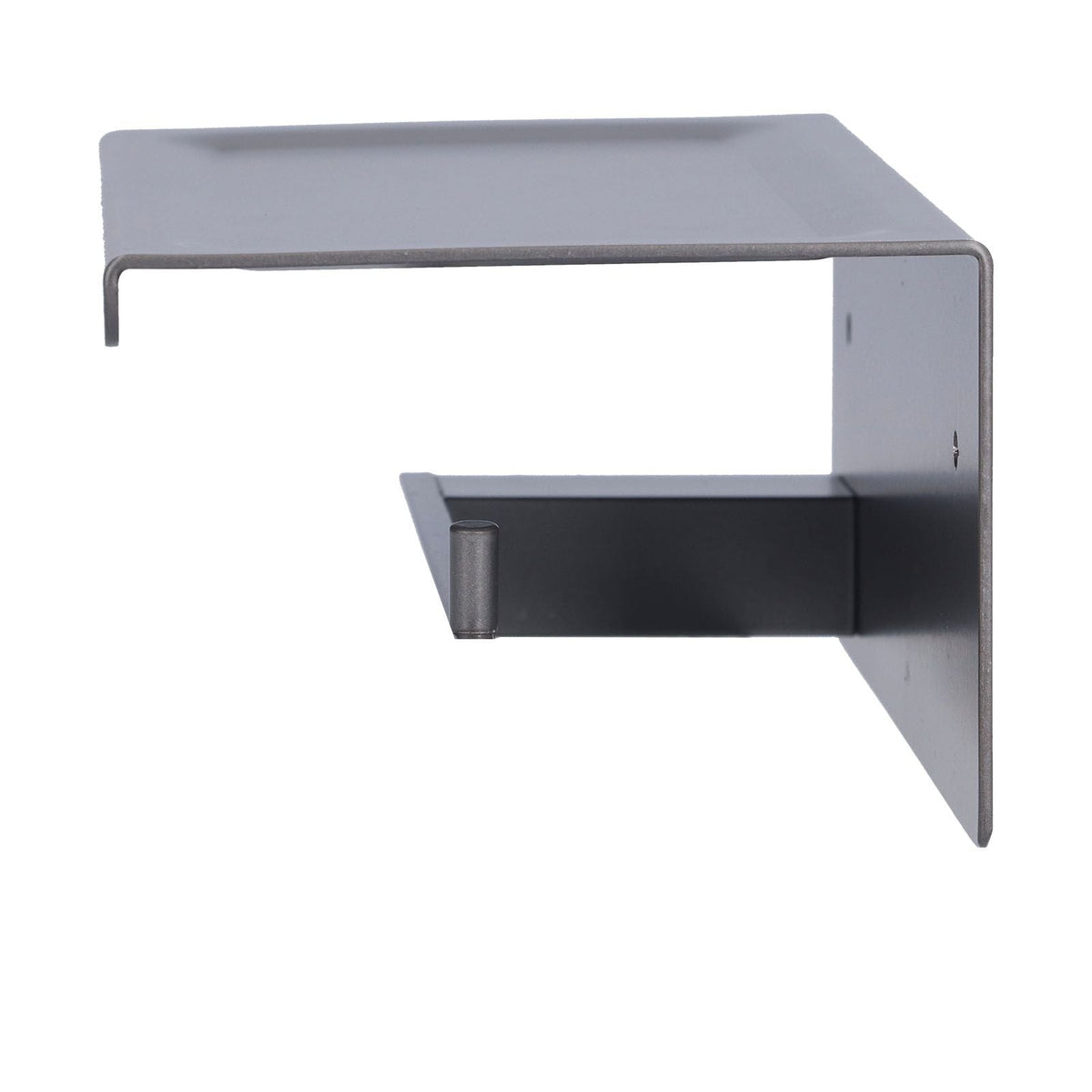 Toilet Paper Holder in grey aluminium with a wide flat phone shelf and open-ended paper bar