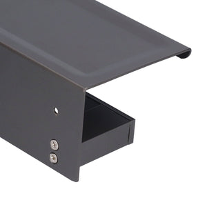 Toilet Paper Holder in dark grey metal with a broad flat phone shelf and a compact enclosed toilet roll holder below