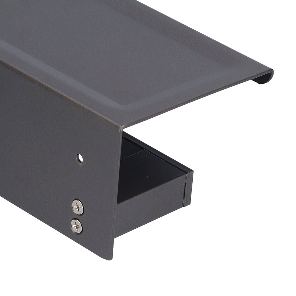 Toilet Paper Holder in dark grey metal with a broad flat phone shelf and a compact enclosed toilet roll holder below