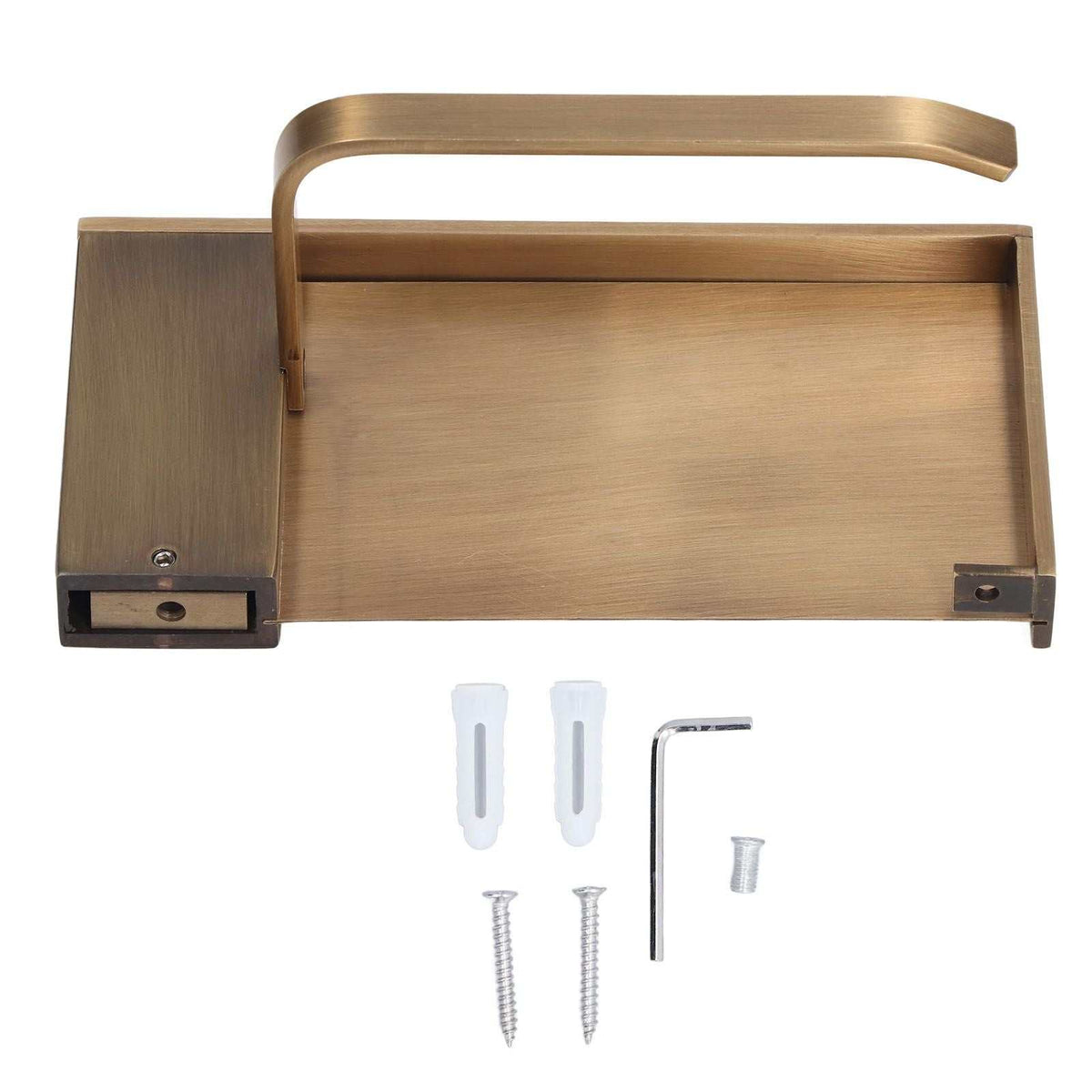Toilet Paper Holder Phone Shelf in antique brushed gold copper, with a broad rectangular shelf, raised roll arm and side hook
