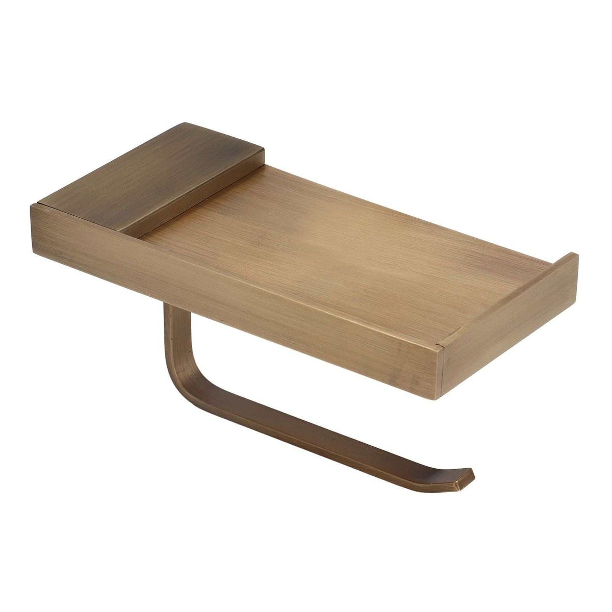 Toilet Paper Holder Phone Shelf in antique brushed gold copper, with a broad raised-edge shelf and curved paper arm