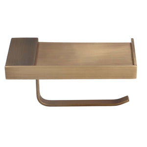 Toilet Paper Holder Phone Shelf in brushed bronze gold, featuring a rectangular tray shelf and curved paper-holding arm