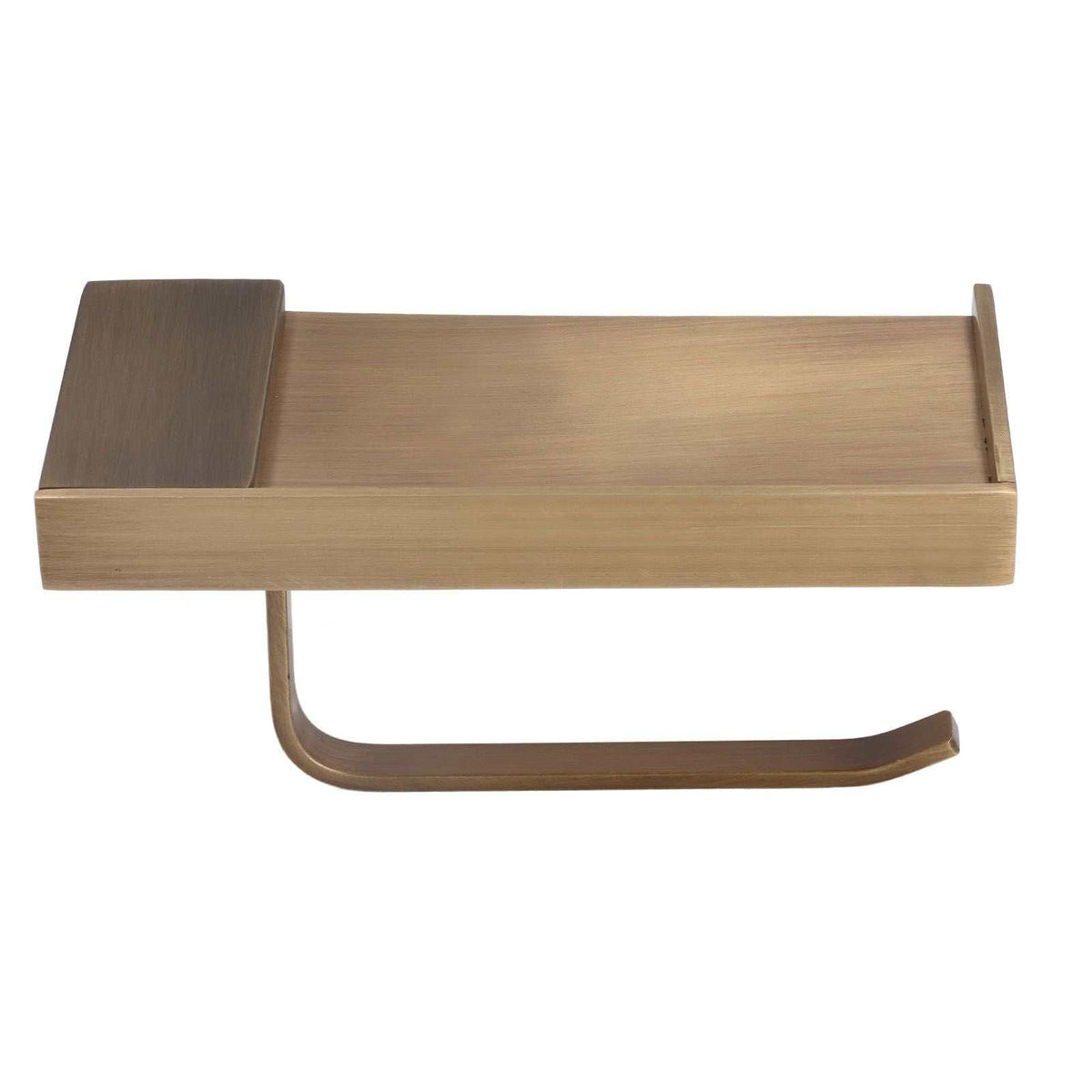Toilet Paper Holder Phone Shelf in brushed bronze gold, featuring a rectangular tray shelf and curved paper-holding arm