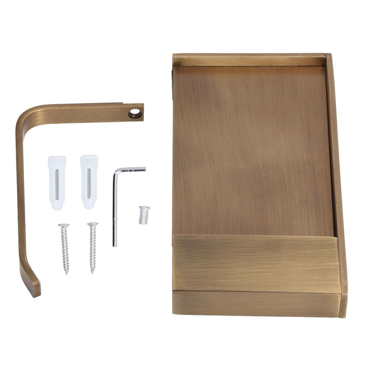 Toilet Paper Holder Phone Shelf with an antique brushed bronze finish, broad raised-edge tray, side arm and mounting hardware
