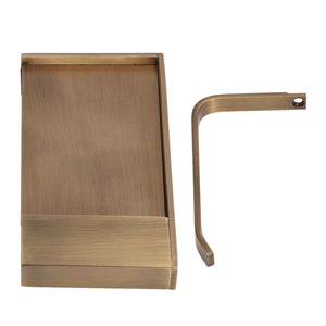 Toilet Paper Holder Phone Shelf in antique brushed gold copper, with rectangular top shelf, raised edges and separate curved hook.