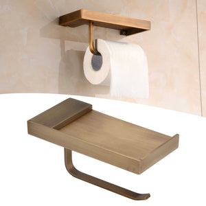 Toilet Paper Holder Phone Shelf in brushed antique gold copper, with a raised-edge shelf and curved paper roll arm
