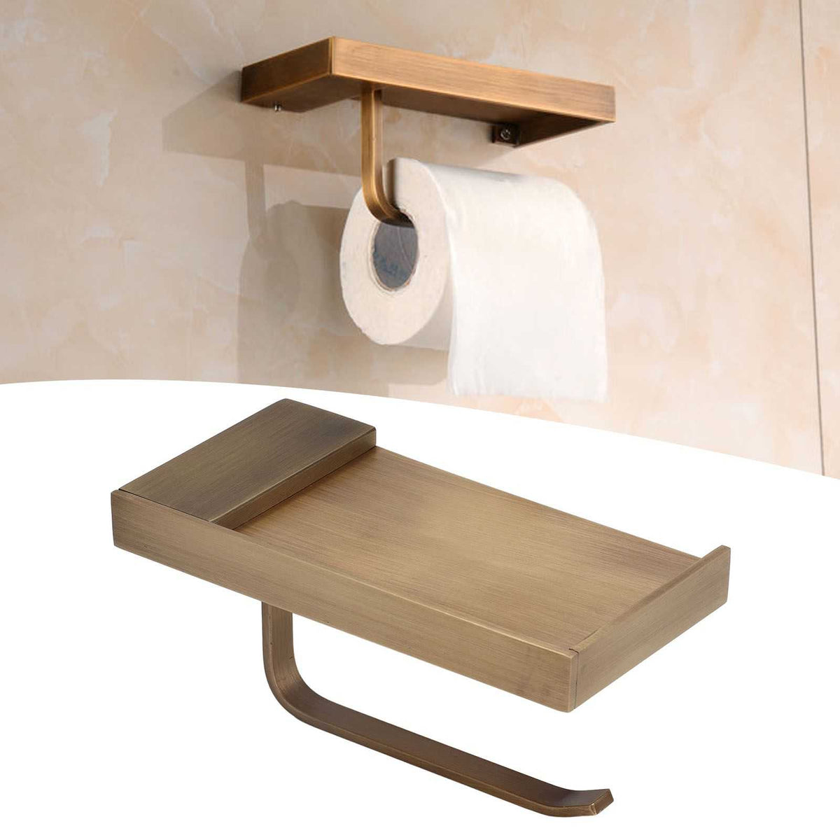 Toilet Paper Holder Phone Shelf in brushed antique gold copper, with a raised-edge shelf and curved paper roll arm