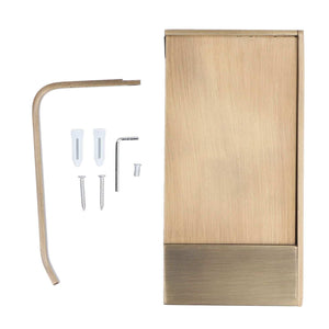 Toilet Paper Holder Phone Shelf in brushed gold with a rectangular copper shelf, curved paper arm and mounting hardware
