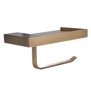 Toilet Paper Holder Phone Shelf in brushed gold metal, with a broad rectangular shelf and curved paper arm